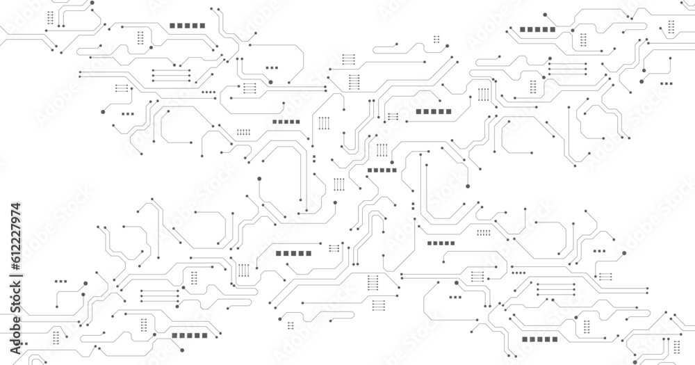 Gray black circuit diagram on white background. High-tech circuit board connection system.Vector abstract technology on white background.