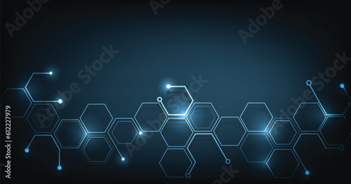 Background of hexagon geometric dark blue pattern bright. healthcare medical and technology background.Graphic digital science concept design.	