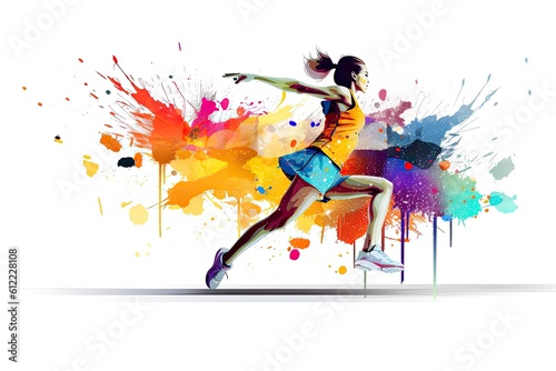 Fototapeta Naklejka Na Ścianę i Meble -  Young woman jumping with a lot of colorful splashes illustration. Running athletics sport women colorful splash, AI Generated