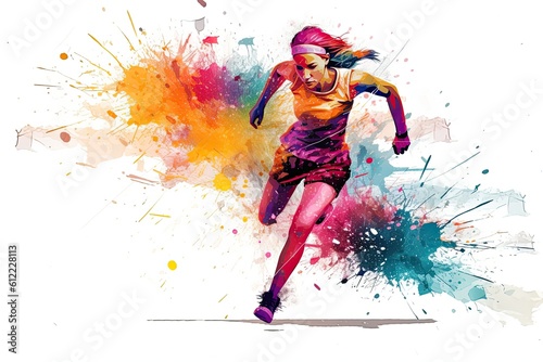 Fototapeta Naklejka Na Ścianę i Meble -  Fashion illustration of a beautiful young woman running with colorful splashes. Running athletics sport women colorful splash, AI Generated