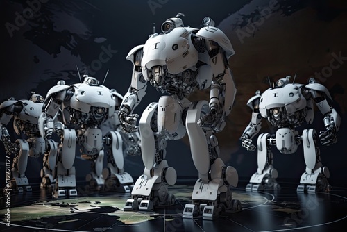 3D rendering of a robot on the background of the world map, Robots conquering the world, AI Generated