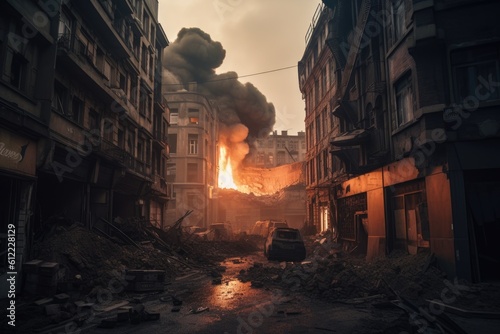 Burning buildings and streets of Kiev. Heavy smoke from the fire. A scary warfare situation and dramatic destruction in a city  AI Generated