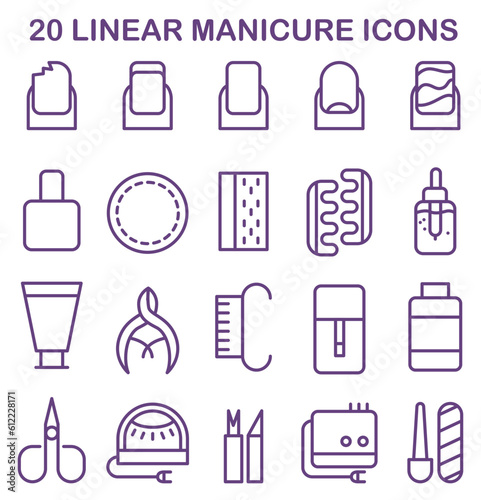 Various manicure and pedicure linear icons set. Professional equipment