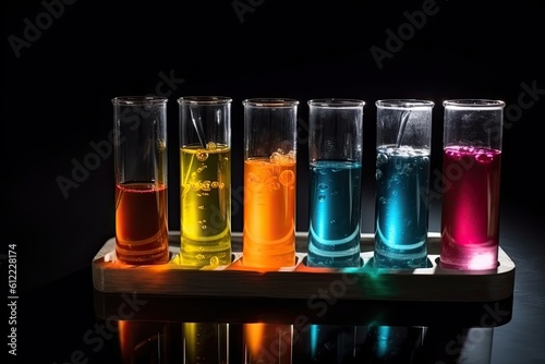 Laboratory glassware with colorful liquid on black background. Science laboratory research and development concept. Science laboratory test tubes filled with colorful tubes, AI Generated