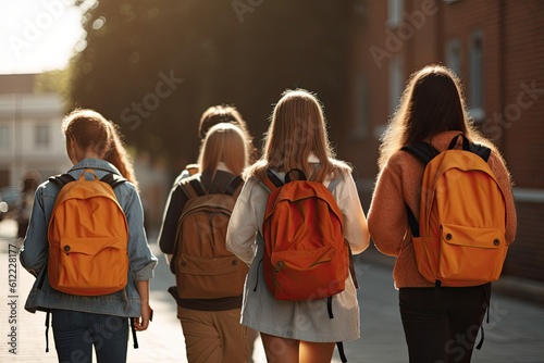 Back view of a group of girls with backpacks walking on city street, School students full rear view with school backpack, AI Generated