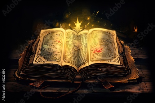 Open book with magic light and fire on the pages. Halloween concept, Shining Holy book Ancient Book banner, AI Generated