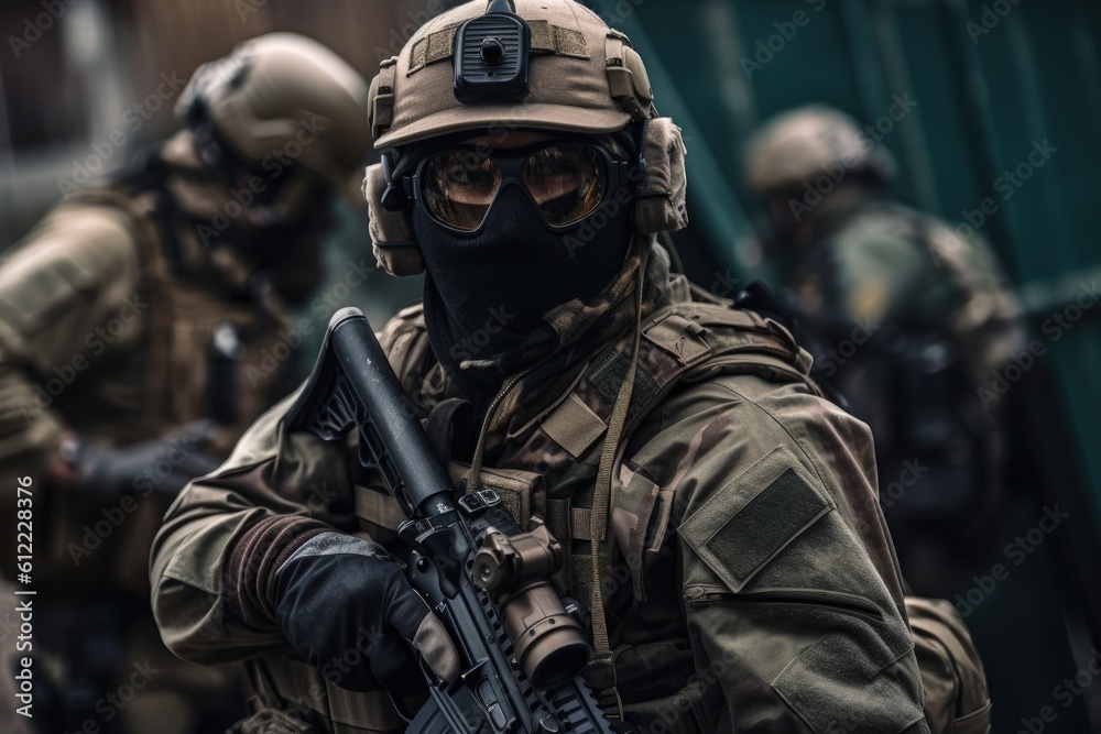 Portrait of a special forces soldier with assault rifle on the street, Special Forces Military Unit in Full Tactical Gear, AI Generated