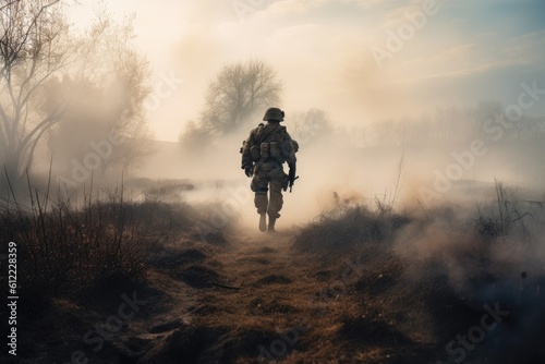 Soldier walking through a foggy field on a sunny day. Soldier walking through a smoky war field, AI Generated