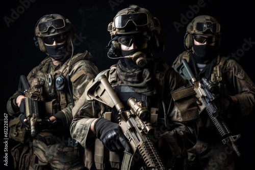 Group of soldiers in full gear with assault rifle and gas mask on black background  Special Forces Military Unit in Full Tactical Gear  AI Generated