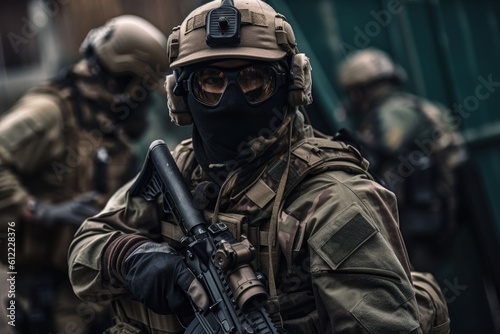 Portrait of a special forces soldier with assault rifle on the street, Special Forces Military Unit in Full Tactical Gear, AI Generated © Iftikhar alam