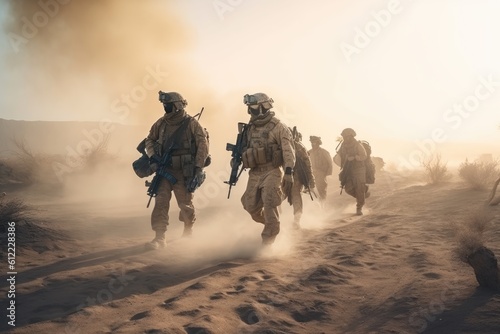 United States Navy special forces soldiers in action during a desert mission. Special military soldiers walking in a smoky desert, AI Generated