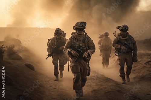 United States Marine Corps Special forces soldiers in action during a desert mission, Special military soldiers walking in a smoky desert, AI Generated