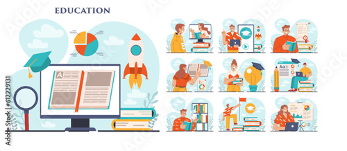 Education set. Idea of study and gaining academic knowledge. Increasing