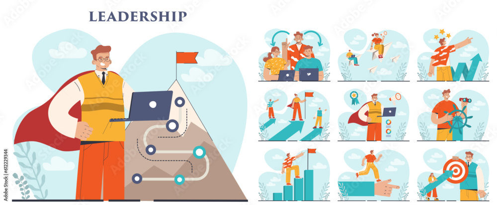 Fototapeta premium Leadership set. Manager leading a workteam towards success. Strategy