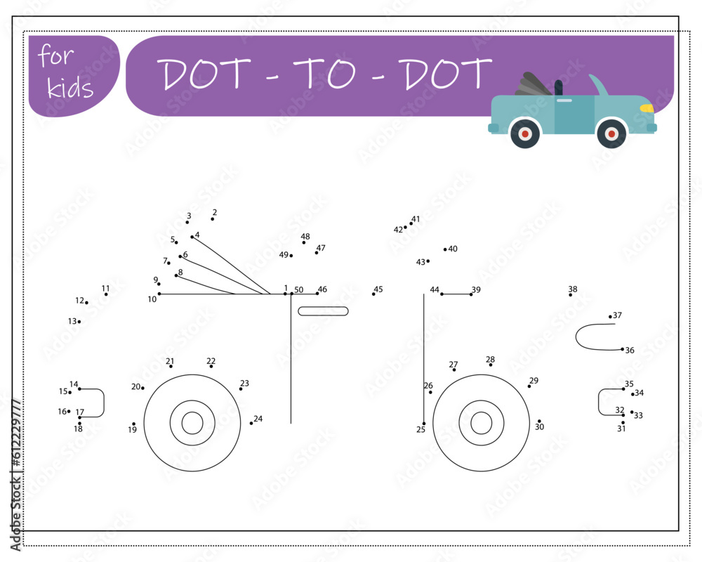 A game with numbers, an educational game from point to point for children, cartoon cars. Vector illustration