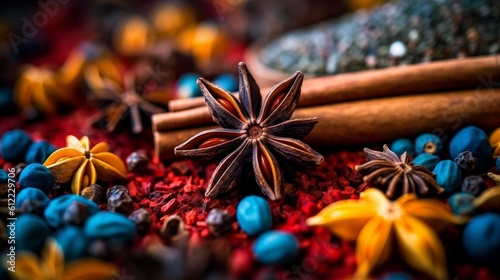star anise surrounded by various spices in a colorful pattern