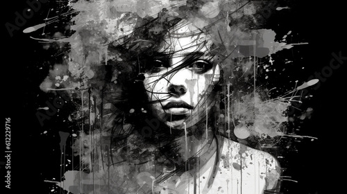 Black and White Drawing of a Woman With a Blank Look on Her Face, Representing Depression, Sadness, and Negative Emotions, Grunge Style Illustration, Generative AI