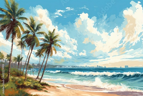 a summer day on the beach with ocean all over horizon with palms