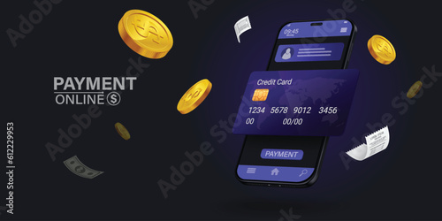 The credit card is on the smartphone and there are coins around it.Mobile payment concept without ATM or bank.
Cashback via mobile application or via credit card.
Paying bill using mobile phone bill.
