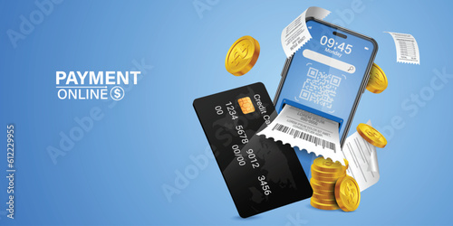 Bill of expenses is on mobile phone.Pay bills with mobile phone.Online shopping spending.Online shopping via smartphone.Bill payment flat isometric vector concept of mobile payment, shopping, banking.