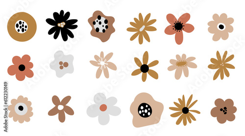Neutral Beige Simple Minimalistic Floral Doodle natural elements designs botanical line plants, stem, buds vector set collection, oak tree, maple silhouette, palm, banana silhouette.