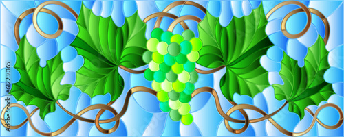 An illustration in the style of a stained glass window with a twisted bunches of ripe grapes on a blue background