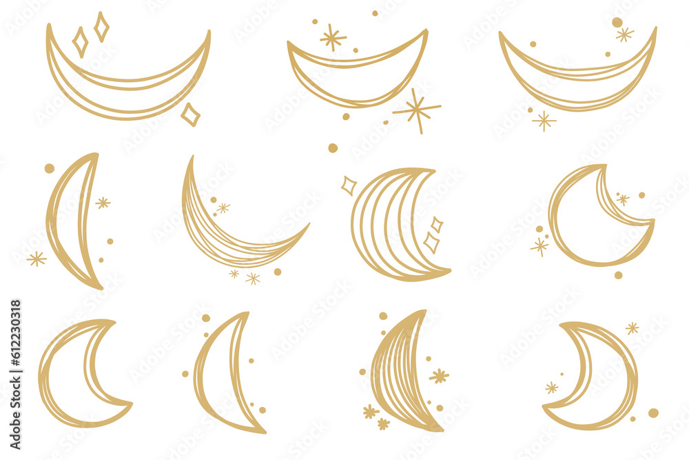 Celestial shiny star crescent moon swoosh wish sparkling exploding silhouette sparkling doodle Stars hand drawn in simple, minimalist style, wedding invitations, card, birthday wish collection set