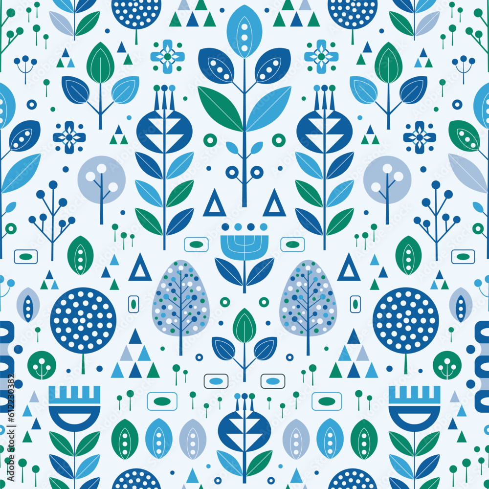 Retro Scandinavian Folk Abstract Botanical Pattern