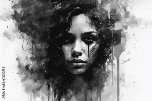 A Black and White Portrait of a woman With a Neutral Look on Her Face, Representing Depression, Sadness, and Negative Emotions, Grunge Style Illustration, Generative AI