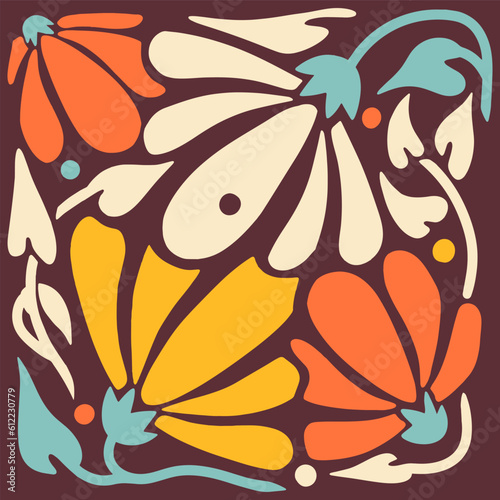 A bold retro floral print. Inspired by modern mid century raw hand drawn art and folk graphic. Retro botanical art with flowers and leaves. Square, bright abstract design.