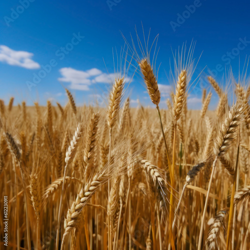 Yellow agriculture field with ripe wheat and blue sky with clouds over it. Field of Southern Ukraine with a harvest. Generative AI.