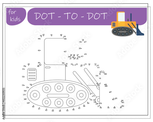 A game with numbers, an educational game from point to point for children, cartoon cars. Vector illustration