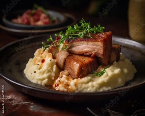 mouth-watering smoked pork belly plated with scoops of creamy mashed potatoes