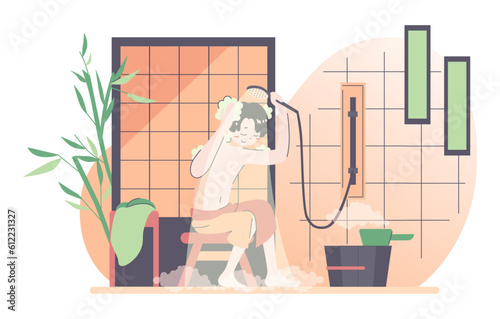 Daily routine of an asian man. Japanese male character in traditional