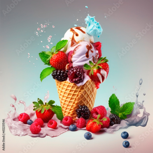 Fresh fruit with scoops of creamy speciality ice cream in assorted flavors with raspberry  berry  blueberry  strawberry and sugar cones. Generative AI.