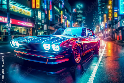 Retro Revival: Classic Car on Tokyo Street, Embracing Retrowave Aesthetics, Generative AI © PaputekWallArt