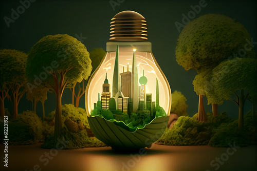 Green city with large trees and modern tall buildings inside light bulb. Concept of sustainable and eco-friendly urban development, where technology and nature coexist in harmony. Generative AI. photo