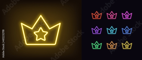 Outline neon star crown icon set. Glowing neon royal crown with star sign, superstar kingdom. Great celebrity, popularity and authority, luxury corona, premium reward and top rank, glory