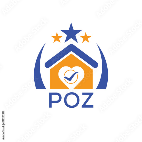 POZ House logo Letter logo and star icon. Blue vector image on white background. KJG house Monogram home logo picture design and best business icon. 
