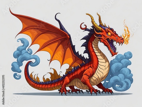 Fairytale dragon  magic creature with tail and wings. cartoon illustration of fire breathing monsters from medieval mythology  Generative AI  Generative  AI