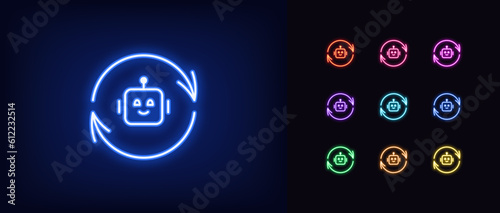 Outline neon bot update icon set. Glowing neon update arrows with AI bot sign, chat bot restart and smart upgrade. Reload virtual assistant, update AI algorithms, renew control commands
