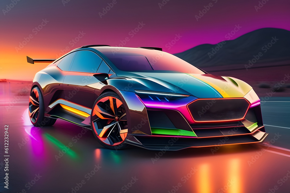 Naklejka premium Super Car On Neon Desert Highway Road created with Generative AI technology