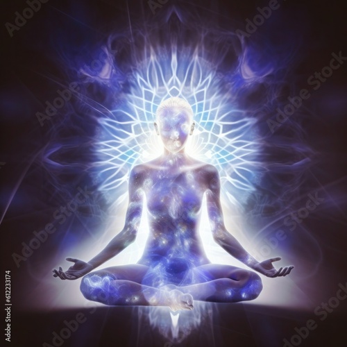 energy meditation chakra woman in yoga position in a white space, in the style of dark matter art, otherworldly visions, dark sky-blue and light purple. generative ai