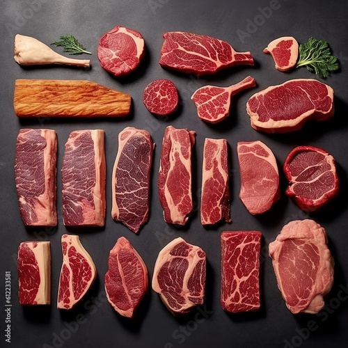 Different types of raw meat on a black background. Toned. created with generative AI technology