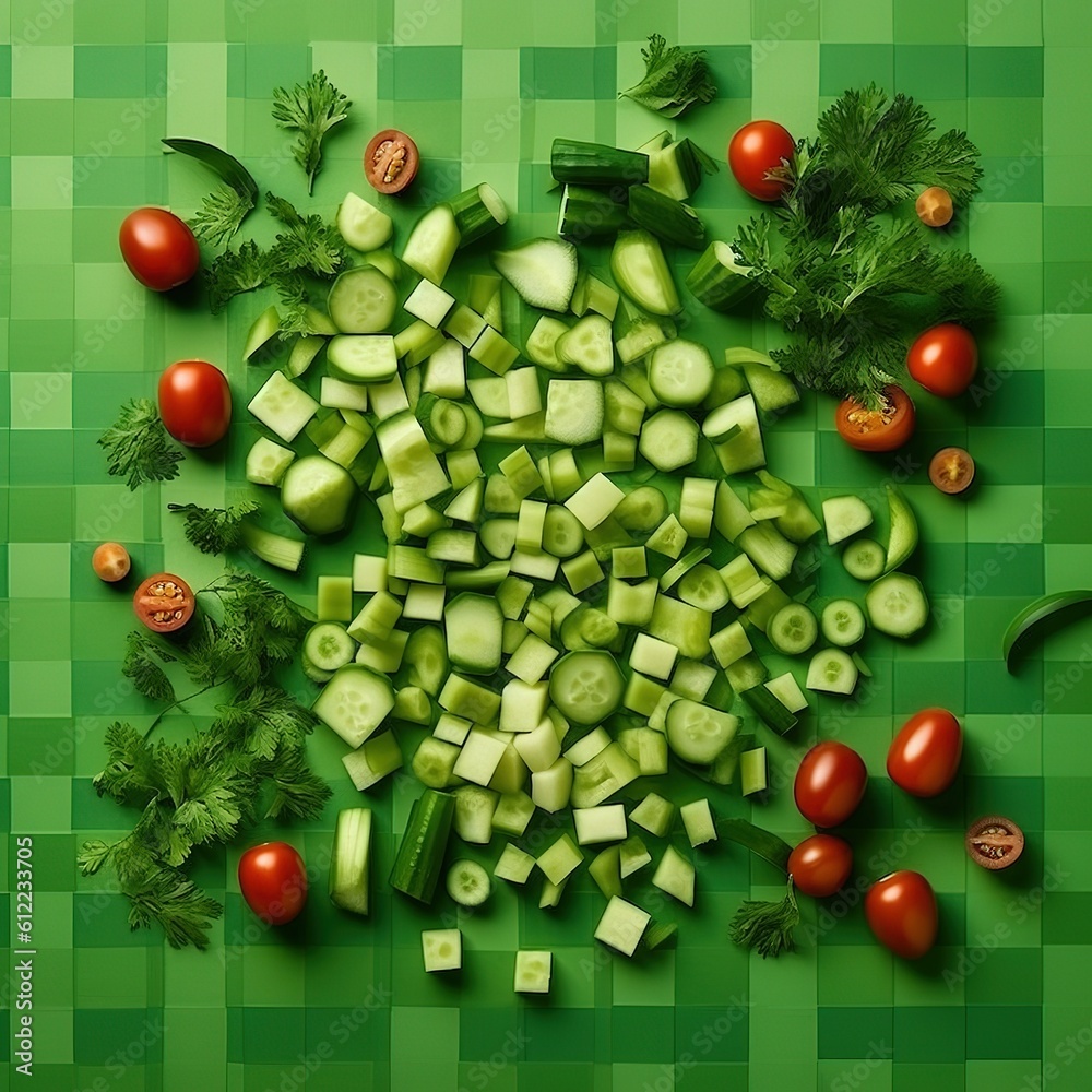 Creative layout made of fresh vegetables on green background. Top view. created with generative AI technology