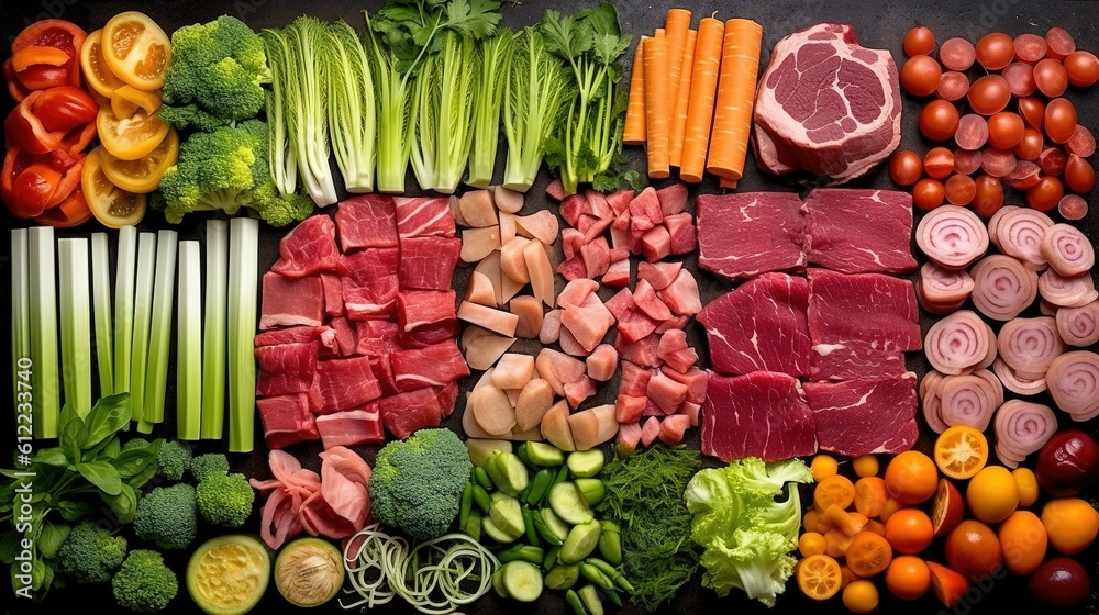 Variety of vegetables and meat as a background. Top view. created with generative AI technology Variety of vegetables and meat as a background. Top view. created with generative AI technology