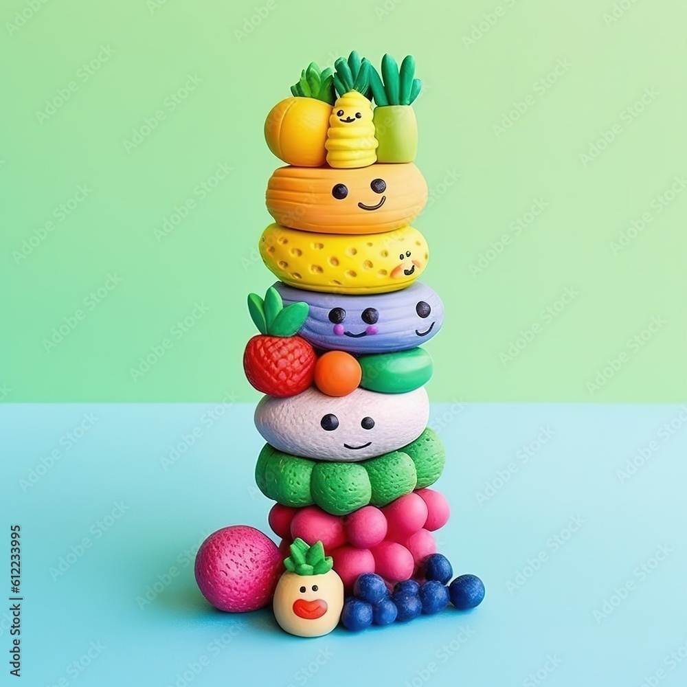 Funny fruits and vegetables made of clay. illustration art. created with generative AI technology