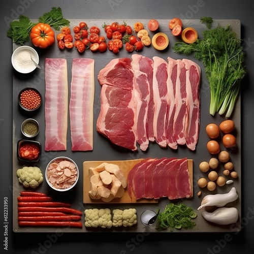 Raw pork meat with vegetables and spices on black background, top view created with generative AI technology