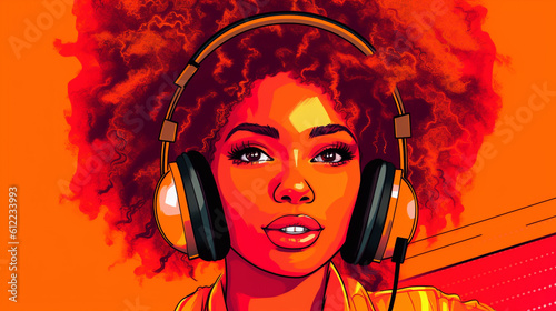 pop art comic book retro vintage style woman listen music in headphones profile portrait   Created using generative AI tools.