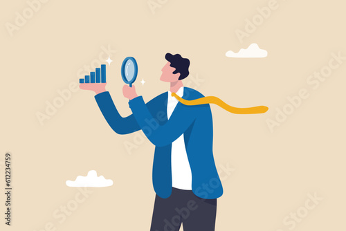 Company transparency, business analysis or report, information or statistic, search for market growth, economic or improvement concept, businessman look through magnifying glass analyze graph.